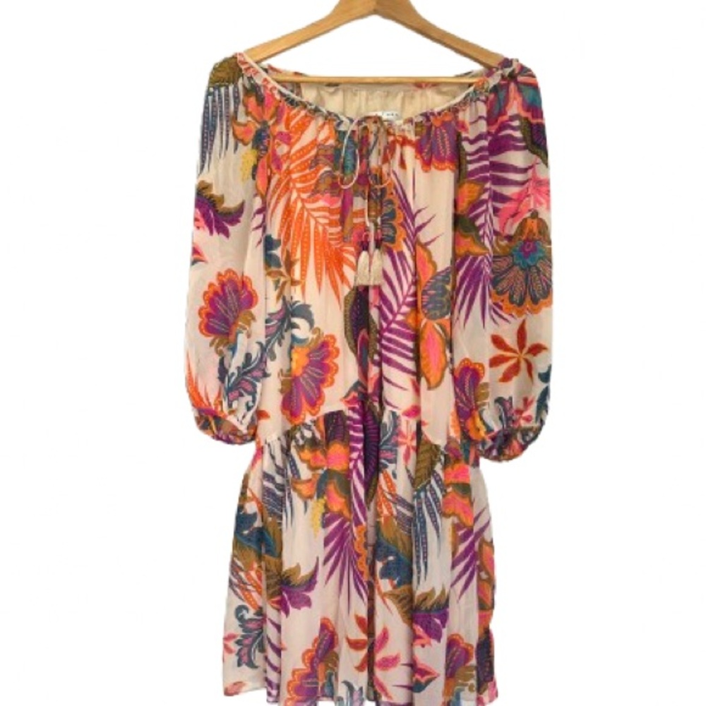 Trina Turk Cattleya Dress Tropical Print Off Shoulder Midi A-Line Tiered